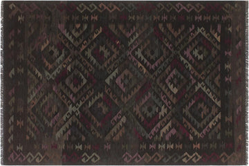 Flat Weave Kilim, Antique, Navaho, Vintage, Handmade, Geometric Kilim Black Brown Hand-Woven Rectangle 100% Wool Area Rug 6 x 8